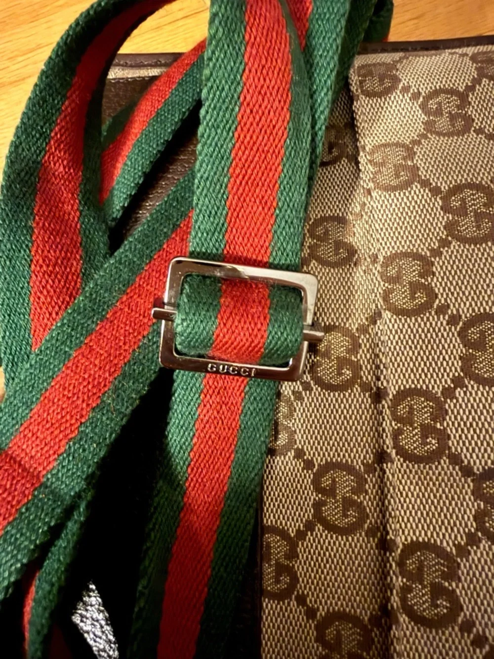 Gucci Brown GG Canvas Messenger with Green-Red Web Strap